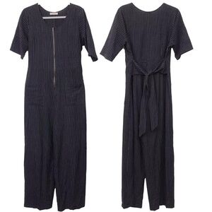 Polagram Black Stripe Full Length Jumpsuit Front Zip Pockets Back Tie Size M